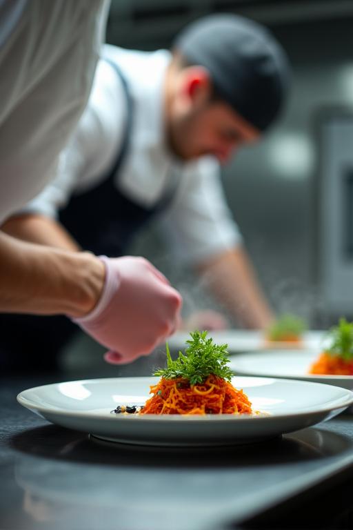 A chef carefully plating a gourmet dish
