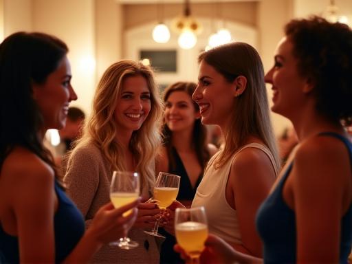 Happy guests mingling and laughing at a private party