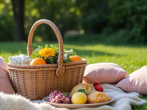 Elegant outdoor picnic setting with gourmet food baskets