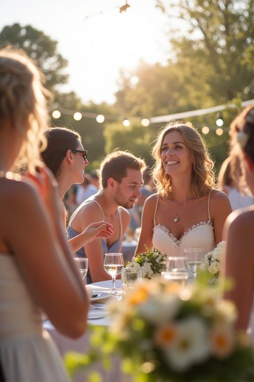 Guests enjoying a sunny outdoor wedding reception