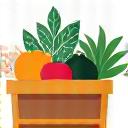 A stylized icon of a vegetable basket representing local sourcing