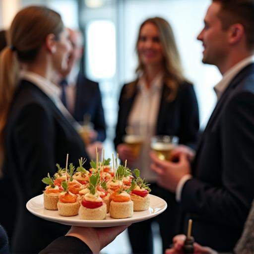 Professionals networking at a corporate event with catered finger food