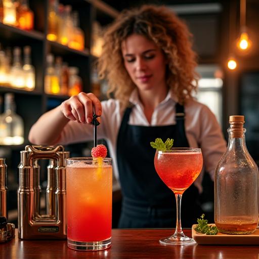 A stylish mobile bar with a bartender pouring a custom cocktail