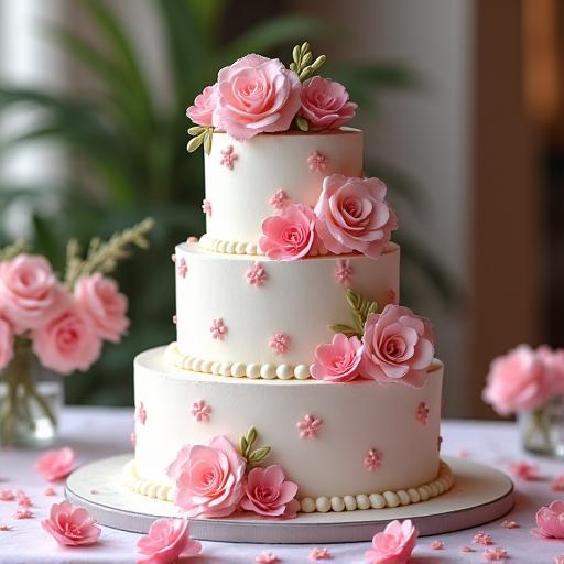 A beautifully decorated wedding cake on a dessert table